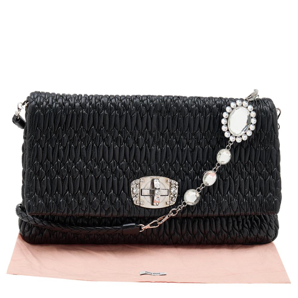 Miu Miu Black Matelassé Nappa Leather Crystal Shoulder Bag 6