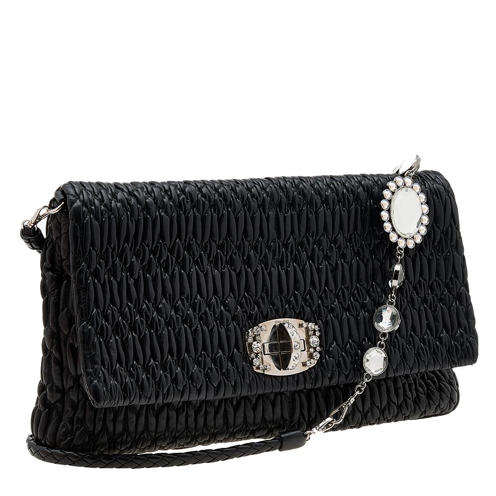 Miu Miu Black Matelassé Nappa Leather Crystal Shoulder Bag In Good Condition In Dubai, Al Qouz 2