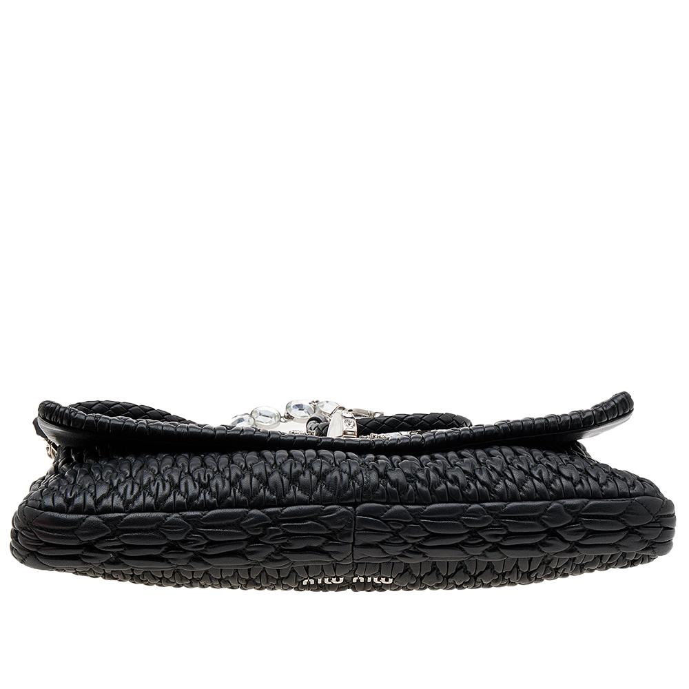 Miu Miu Black Matelassé Nappa Leather Crystal Shoulder Bag 2