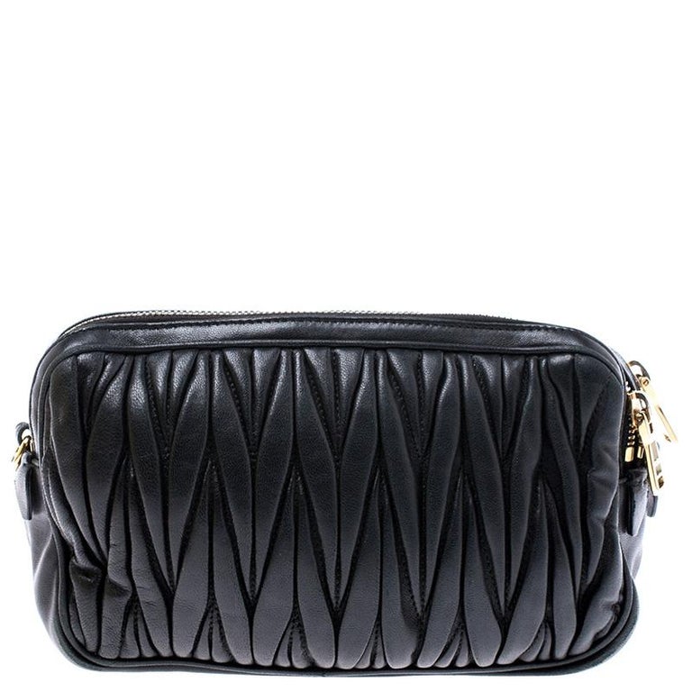 Miu Miu Black Matelasse Nappa Leather Double Zipper Crossbody Bag For