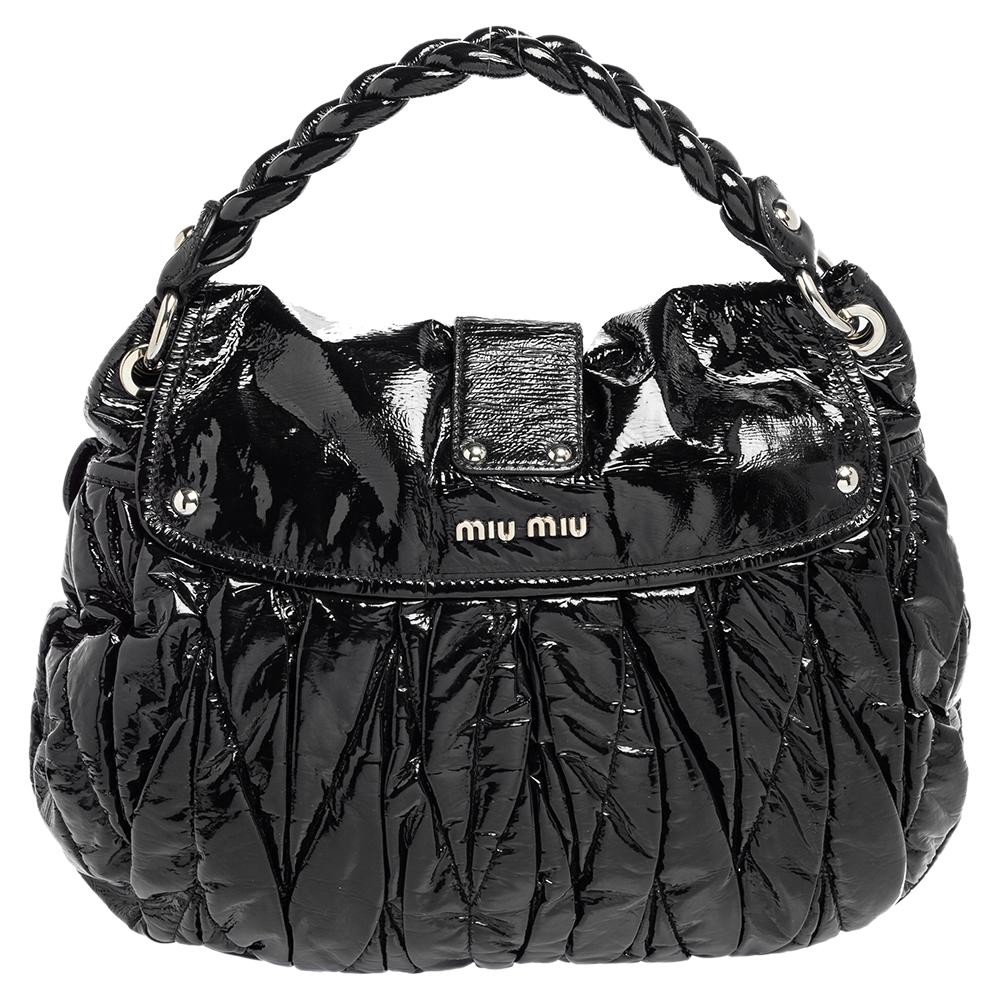 Miu Miu Black Matelassé Patent Leather Coffer Hobo 4