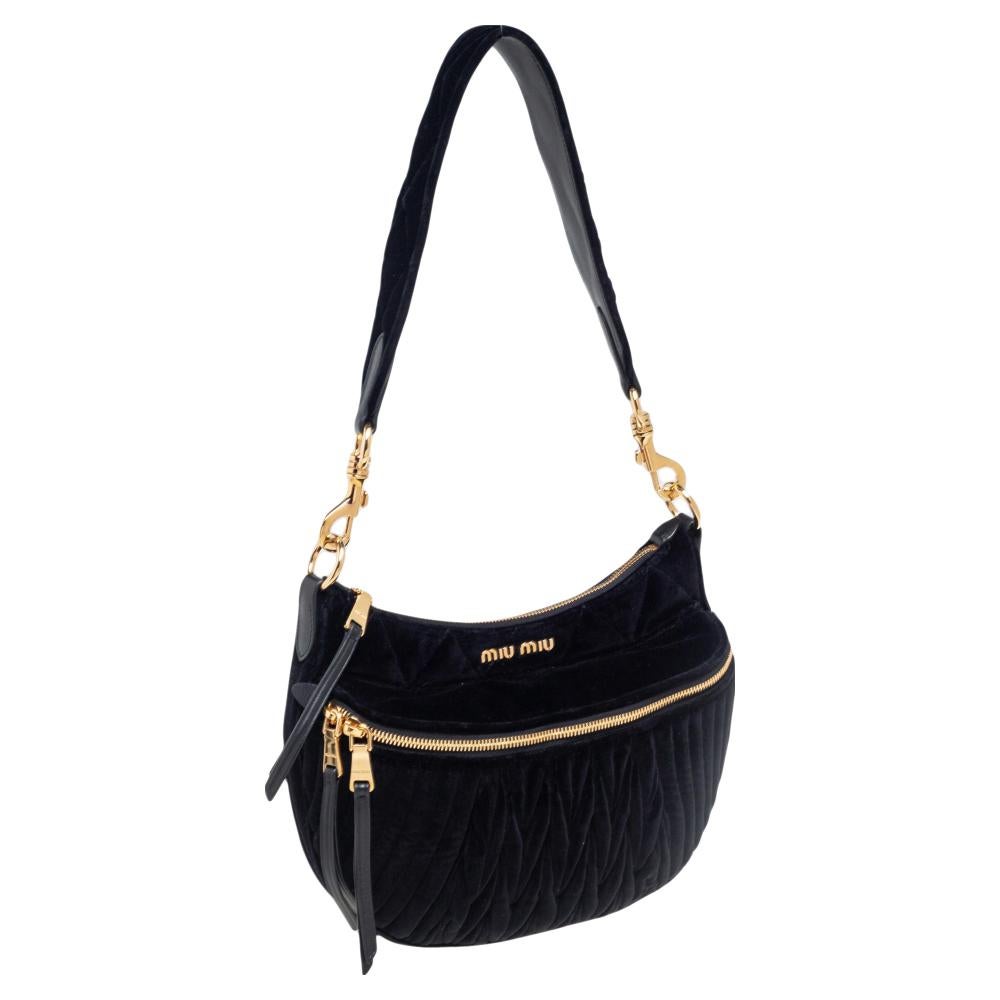 Women's Miu Miu Black Matelassé Velvet Rider Shoulder Bag