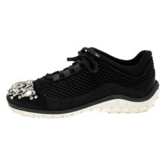 Miu Miu Black Mesh and Satin Crystal Embellished Low-Top Sneakers Size 36.5