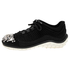 Miu Miu Black Mesh and Satin Crystal Embellished Low-Top Sneakers Size 36.5