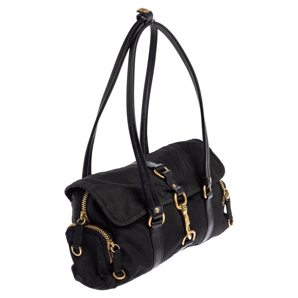 Women's Miu Miu Black Nylon and Leather Flap Pocket Shoulder Bag