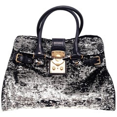 Miu Miu Black Paillettes Sequin Shopping Tote Argento with Blue Handles