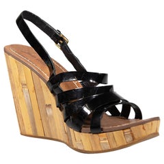 Miu Miu Black Patent Bamboo Wedge Sandals Size IT 39