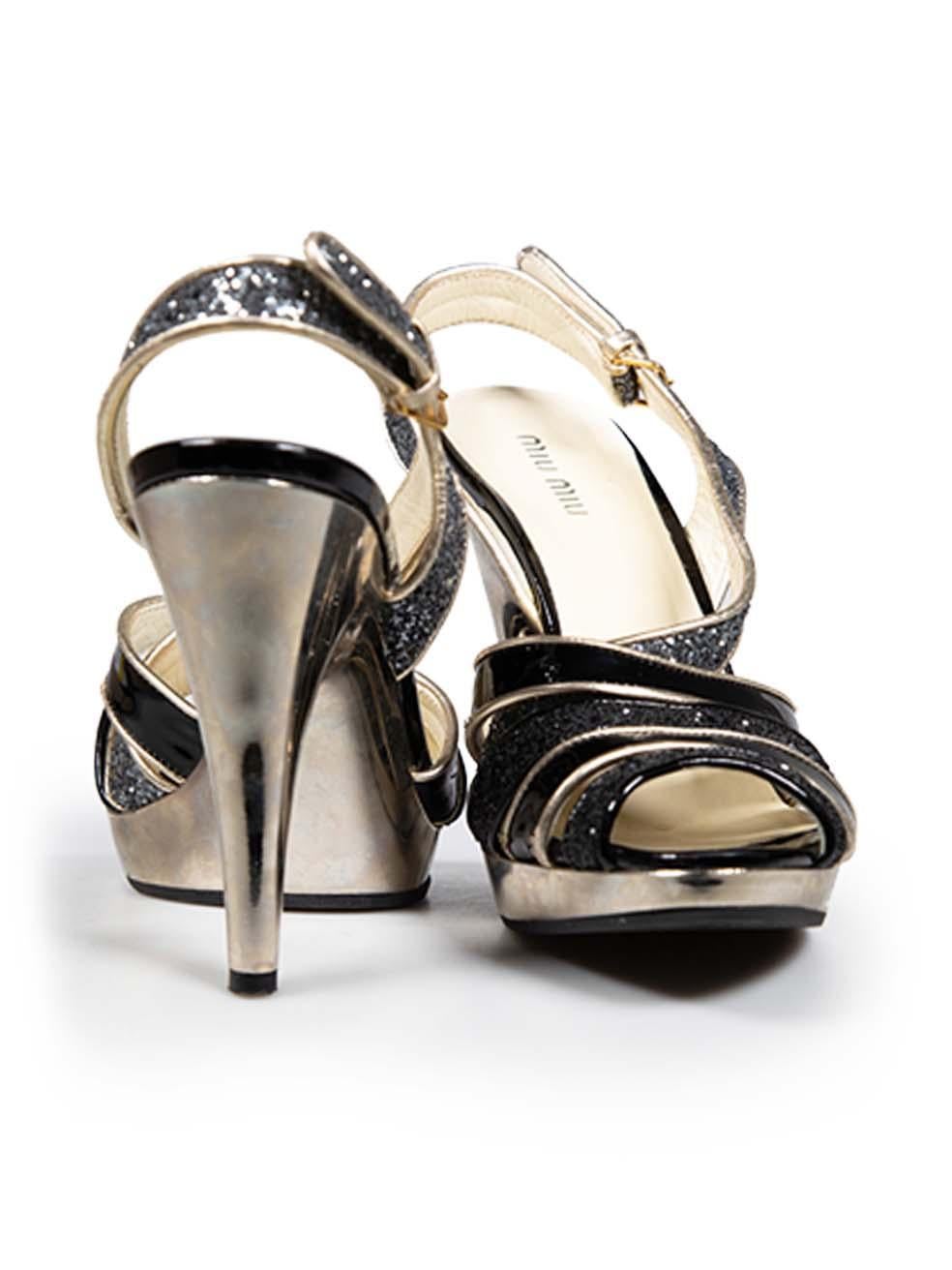 Brown Miu Miu Black Patent & Glitter Slingback Sandals Size IT 37 For Sale