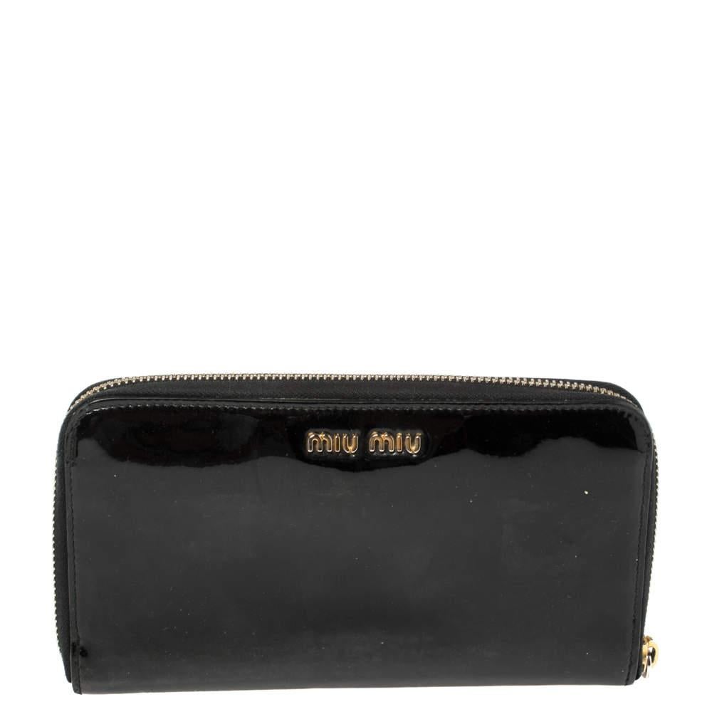 Women's Miu Miu Black Patent Leather Bow Zip Around Wallet