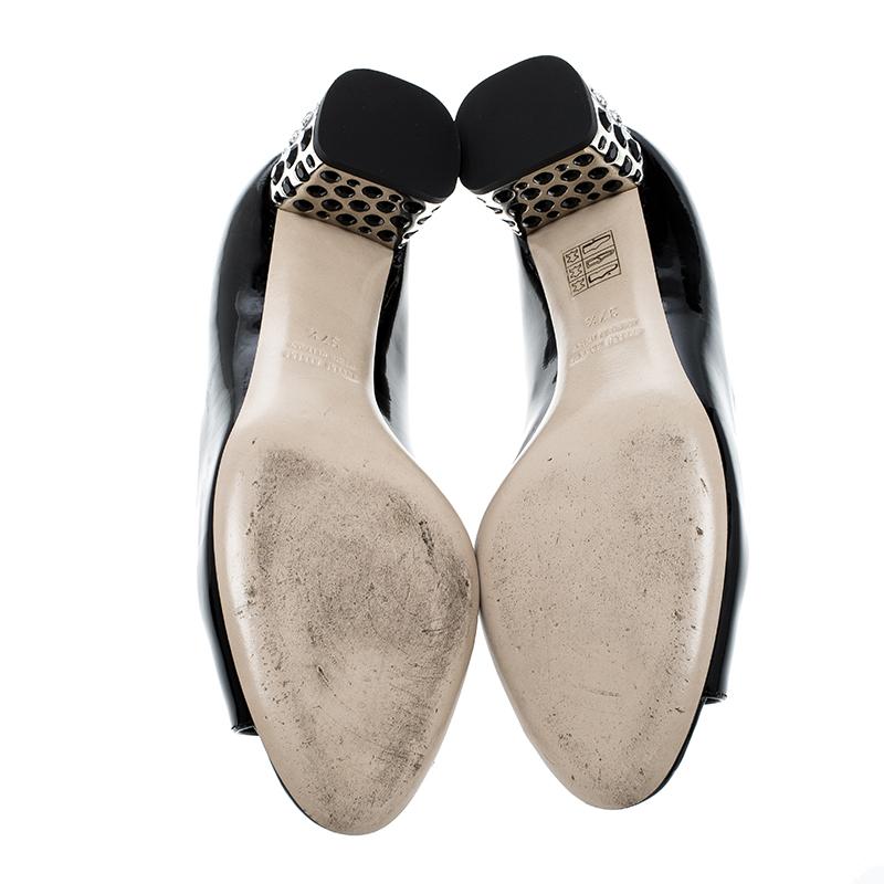 Women's Miu Miu Black Patent Leather Crystal Block Heel Open Toe Pumps Size 37.5
