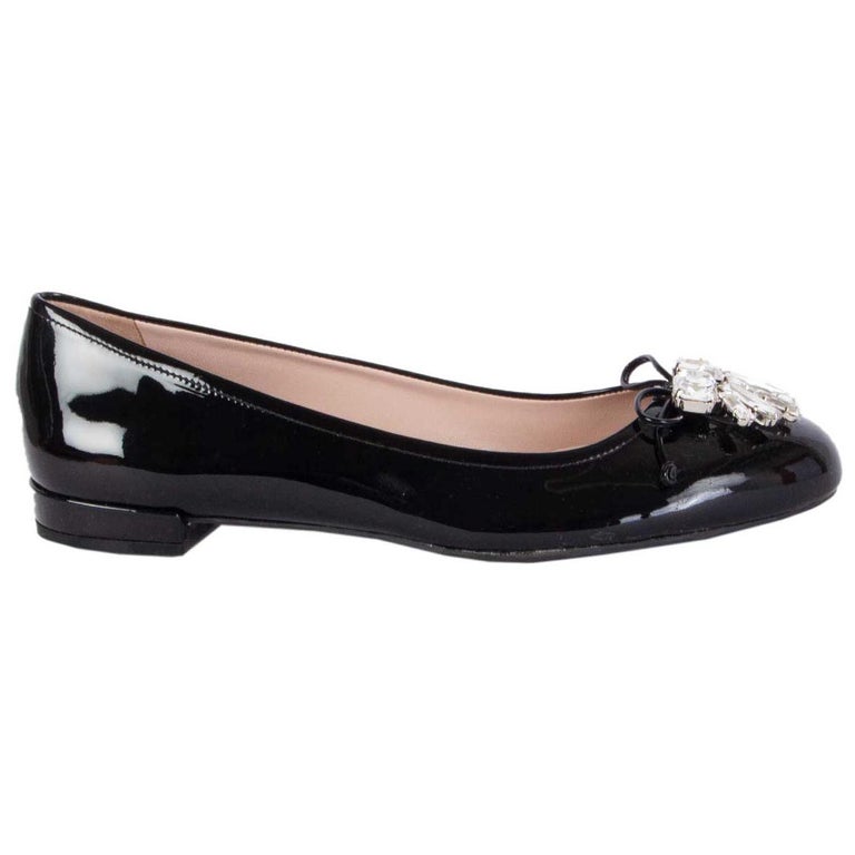 MIU MIU black patent leather CRYSTAL EMBELLISHED Ballet Flats Shoes 37 ...