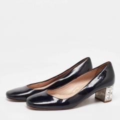 Miu Miu Black Patent Leather Crystal Embellished Block Heel Pumps Size 37