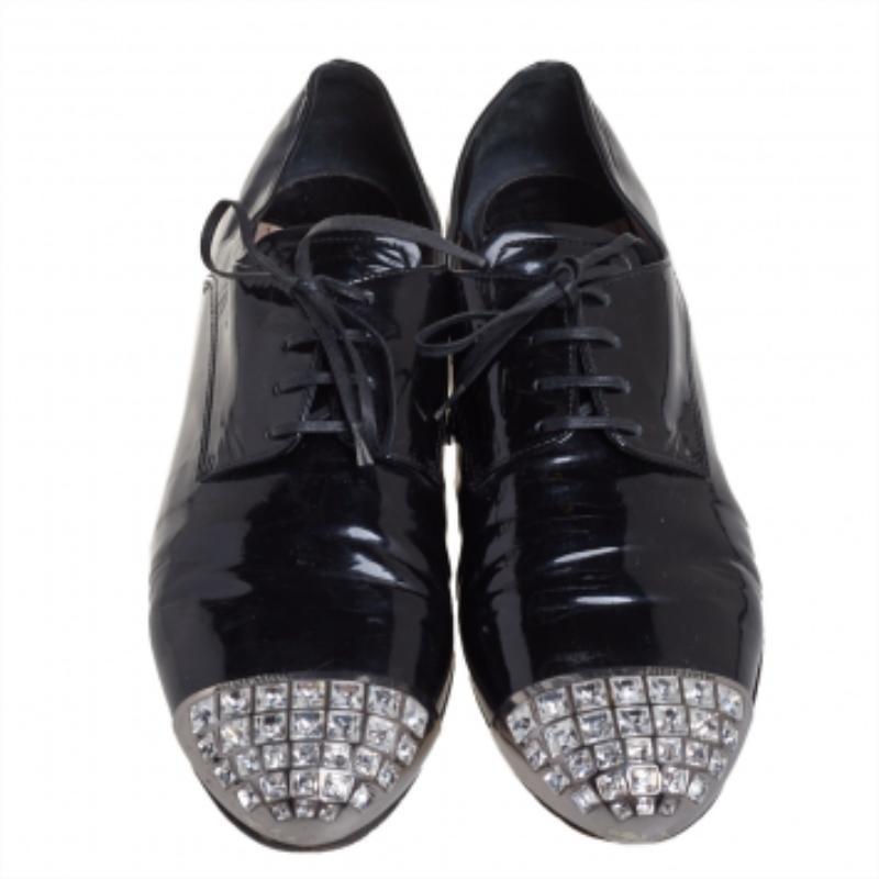 Miu Miu Black Patent Leather Crystal Embellished Cap Toe Oxfords Size 40 For Sale 1