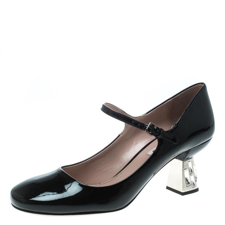 Miu Miu Black Patent Leather Crystal Embellished Heel Mary Jane Pumps Size  39 For Sale at 1stDibs