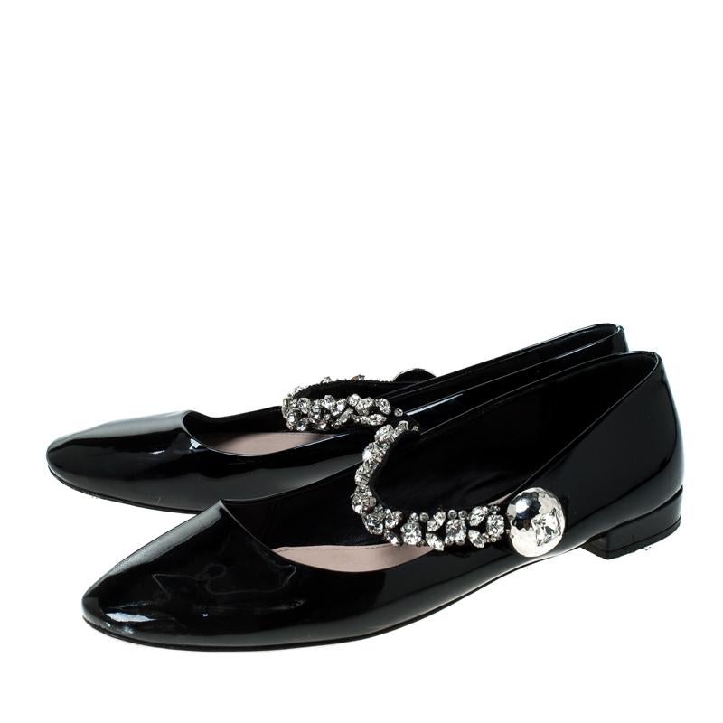 Women's Miu Miu Black Patent Leather Crystal Embellished Strap Mary Jane Flats Size 41