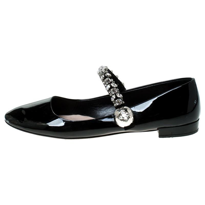 Miu Miu Black Patent Leather Crystal Embellished Strap Mary Jane Flats Size 41