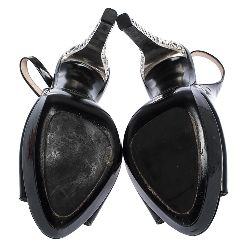 Women's Miu Miu Black Patent Leather Crystal Heel Slingback Platform Sandals Size 38 For Sale