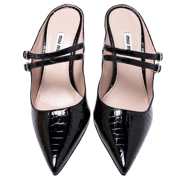 Miu Miu Black Patent Leather Double Strap Pointed Toe Slide Mules Size ...