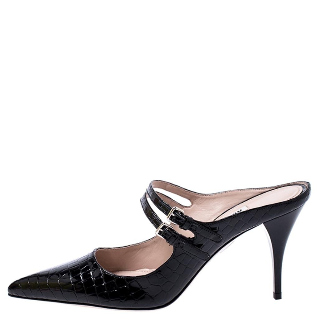 Miu Miu Black Patent Leather Double Strap Pointed Toe Slide Mules Size 38 1