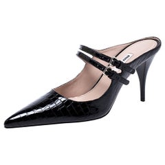 Miu Miu Black Patent Leather Double Strap Pointed Toe Slide Mules Size 38