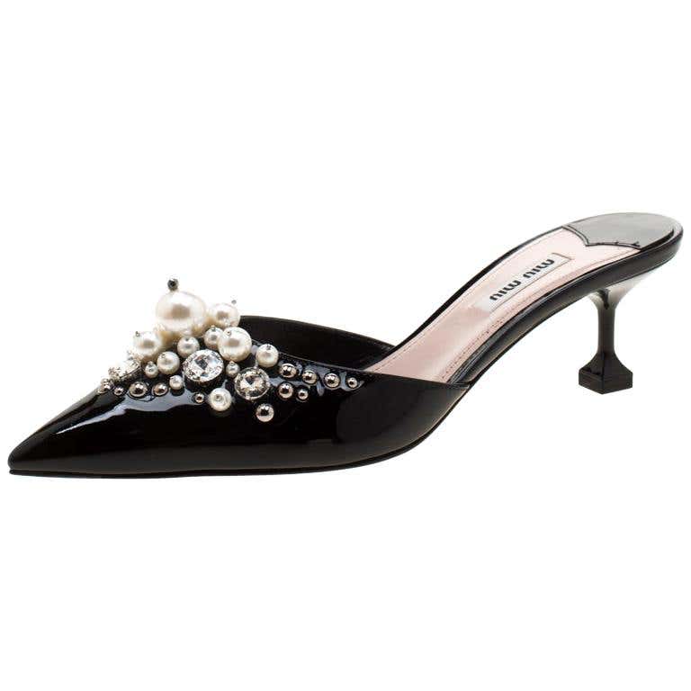 Miu Miu Black Patent Leather Faux Pearl Embellished Pointed Toe mules