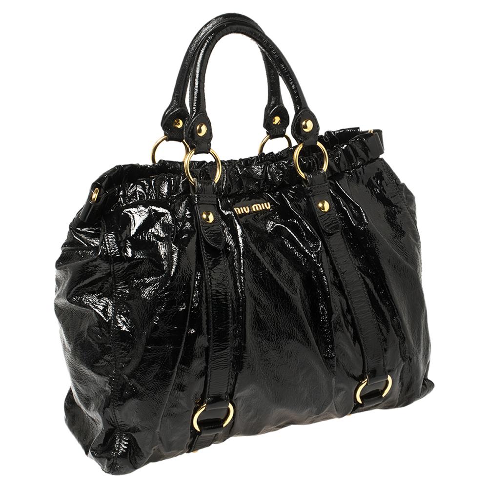 Women's Miu Miu Black Patent Leather Gathered Tote