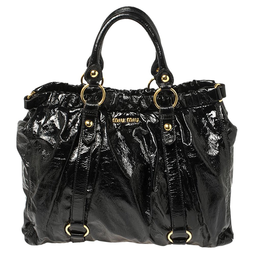 Miu Miu Black Patent Leather Gathered Tote
