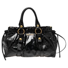 Miu Miu Black Patent Leather Gathered Tote