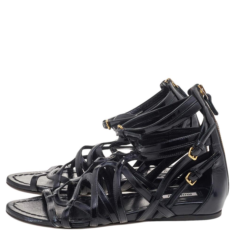 Women's Miu Miu Black Patent Leather Gladiator Flats Size 38