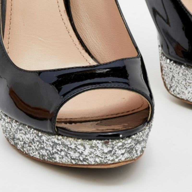 Women's Miu Miu Black Patent Leather Glitter Peep Toe Platform Pumps Size 40 For Sale