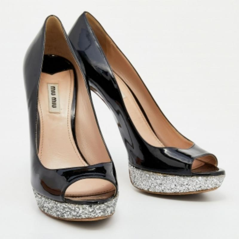Miu Miu Black Patent Leather Glitter Peep Toe Platform Pumps Size 40 For Sale 1