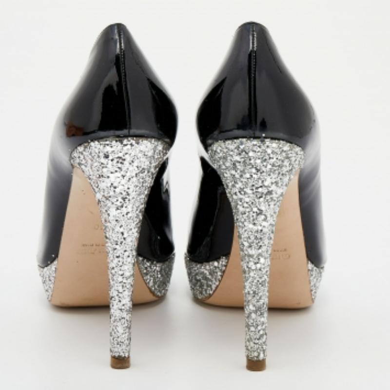Miu Miu Black Patent Leather Glitter Peep Toe Platform Pumps Size 40 For Sale 2