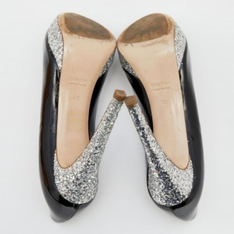 Miu Miu Black Patent Leather Glitter Peep Toe Platform Pumps Size 40 For Sale 3