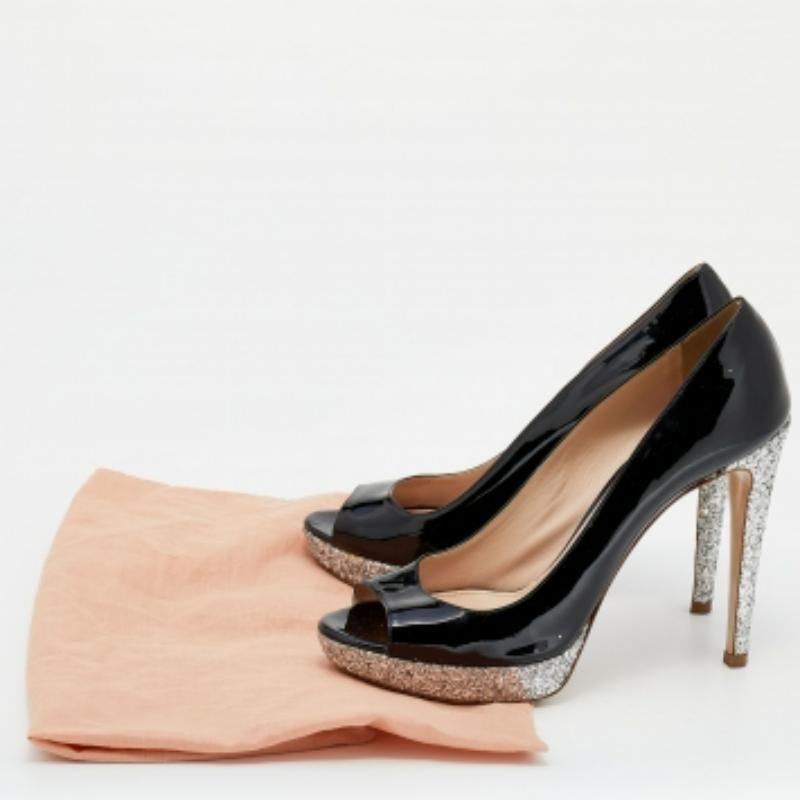 Miu Miu Black Patent Leather Glitter Peep Toe Platform Pumps Size 40 For Sale 4