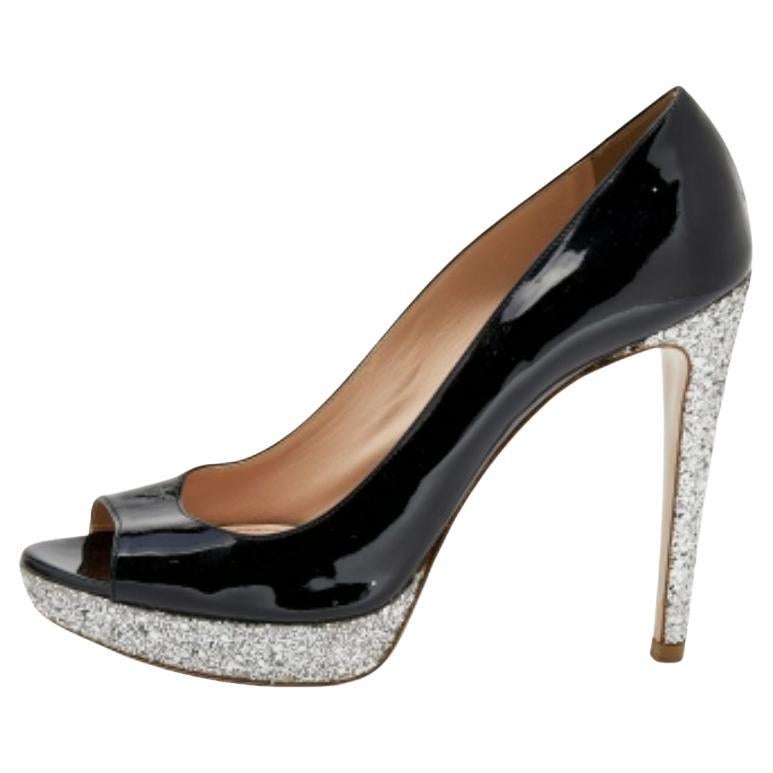 Miu Miu Black Patent Leather Glitter Peep Toe Platform Pumps Size 40 For Sale