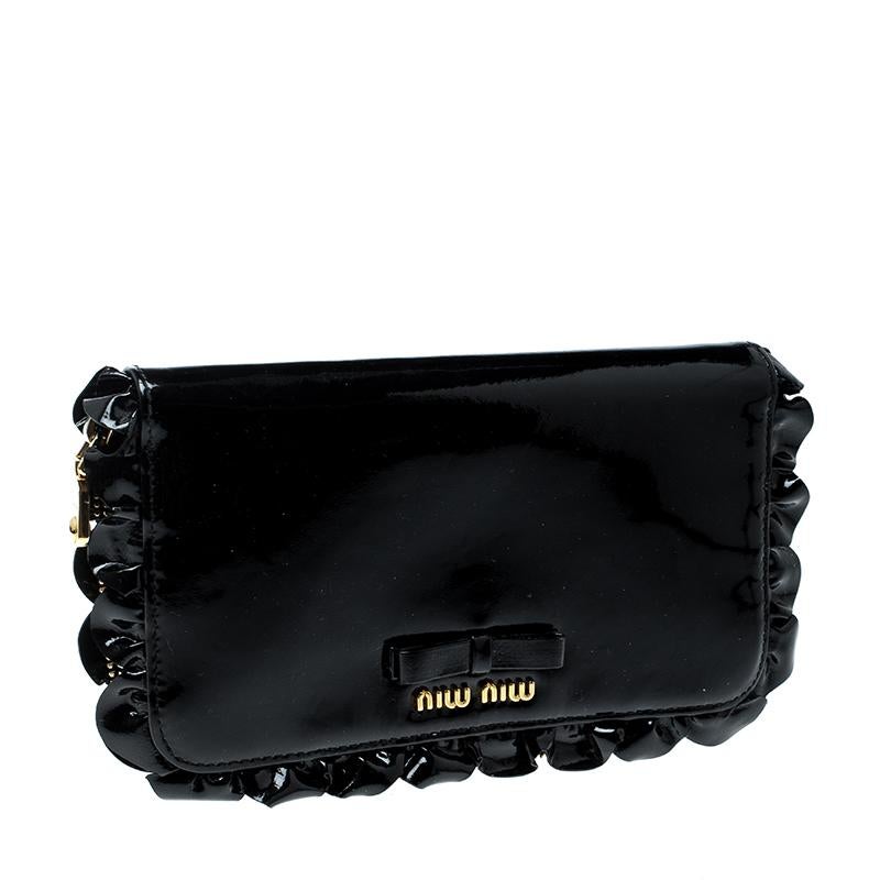 Miu Miu Black Patent Leather Ruffle Zip Around Wallet 2