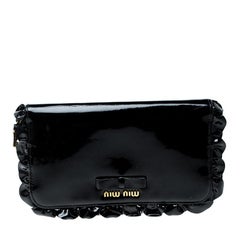 Miu Miu Black Patent Leather Ruffle Zip Around Wallet