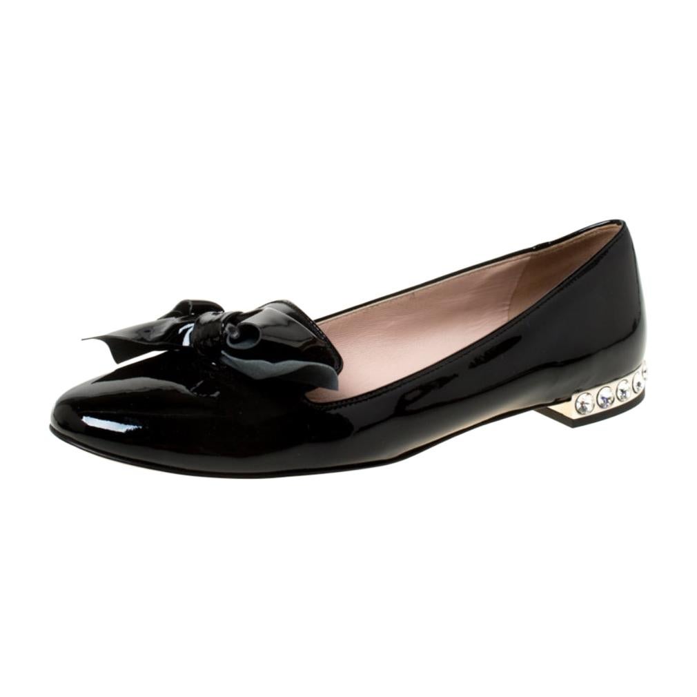 Miu Miu Black Patent Leather Studded Bow Ballet Flats Size 37.5