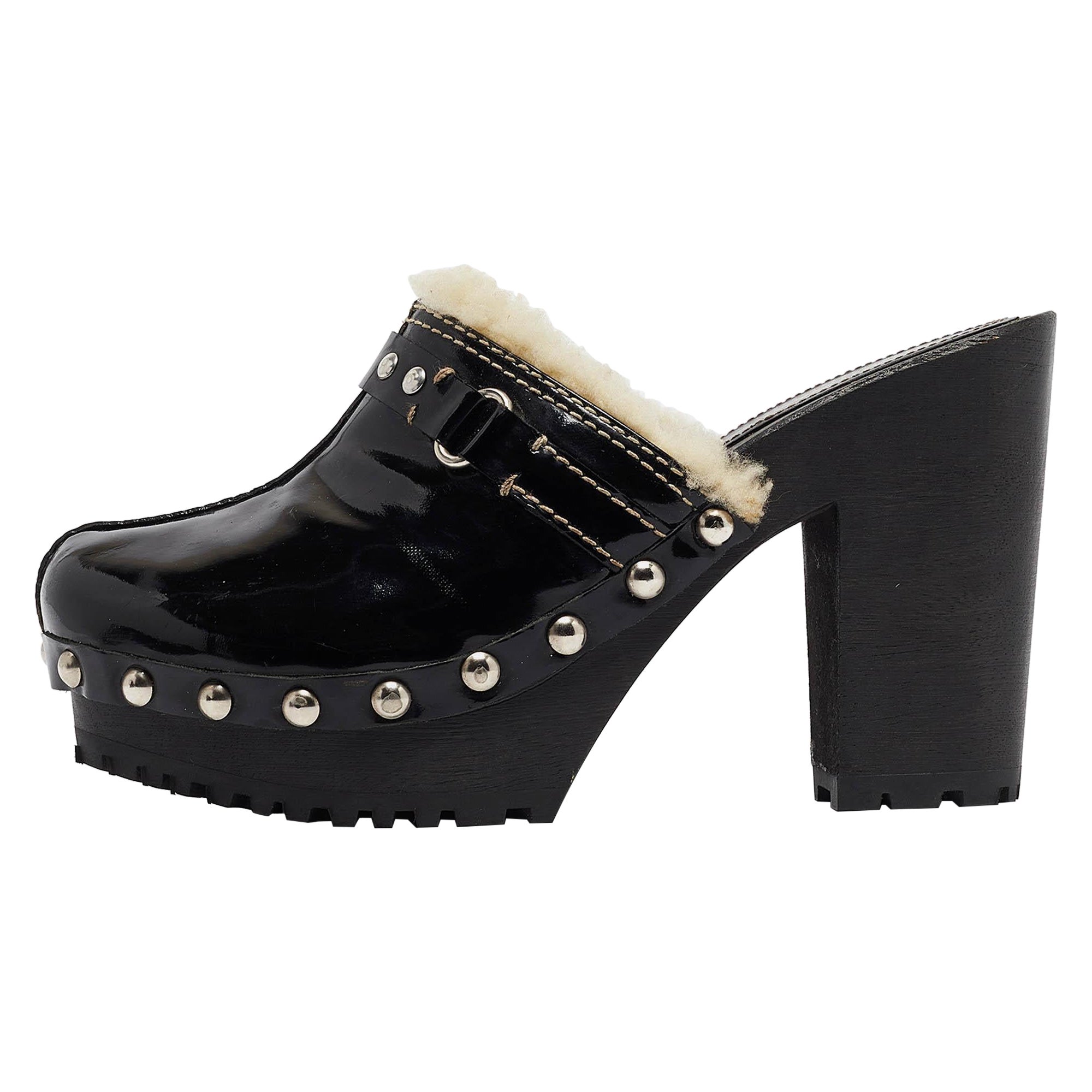 Miu Miu Black Patent Leather Wooden Platform Mules Size 38.5