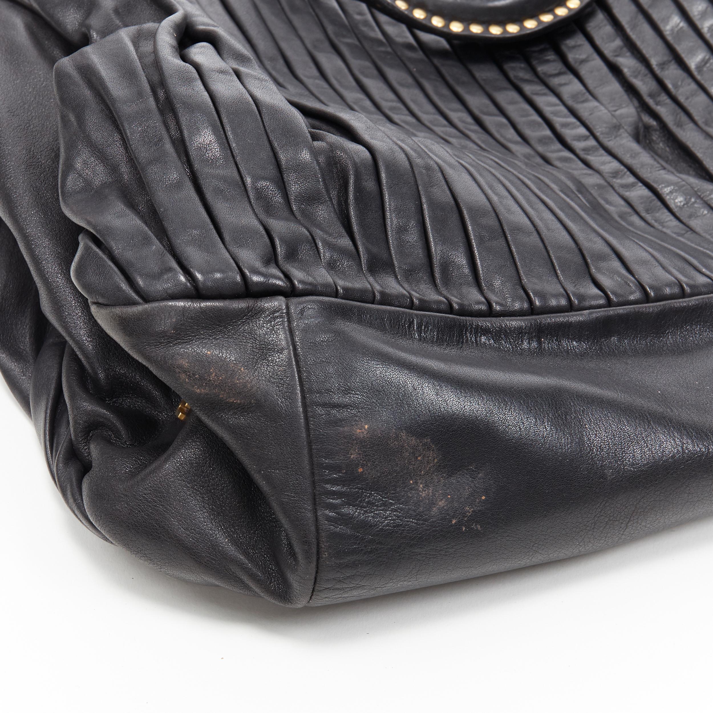MIU MIU black pleated leather gold studded handle top zip shoulder strap bag 5