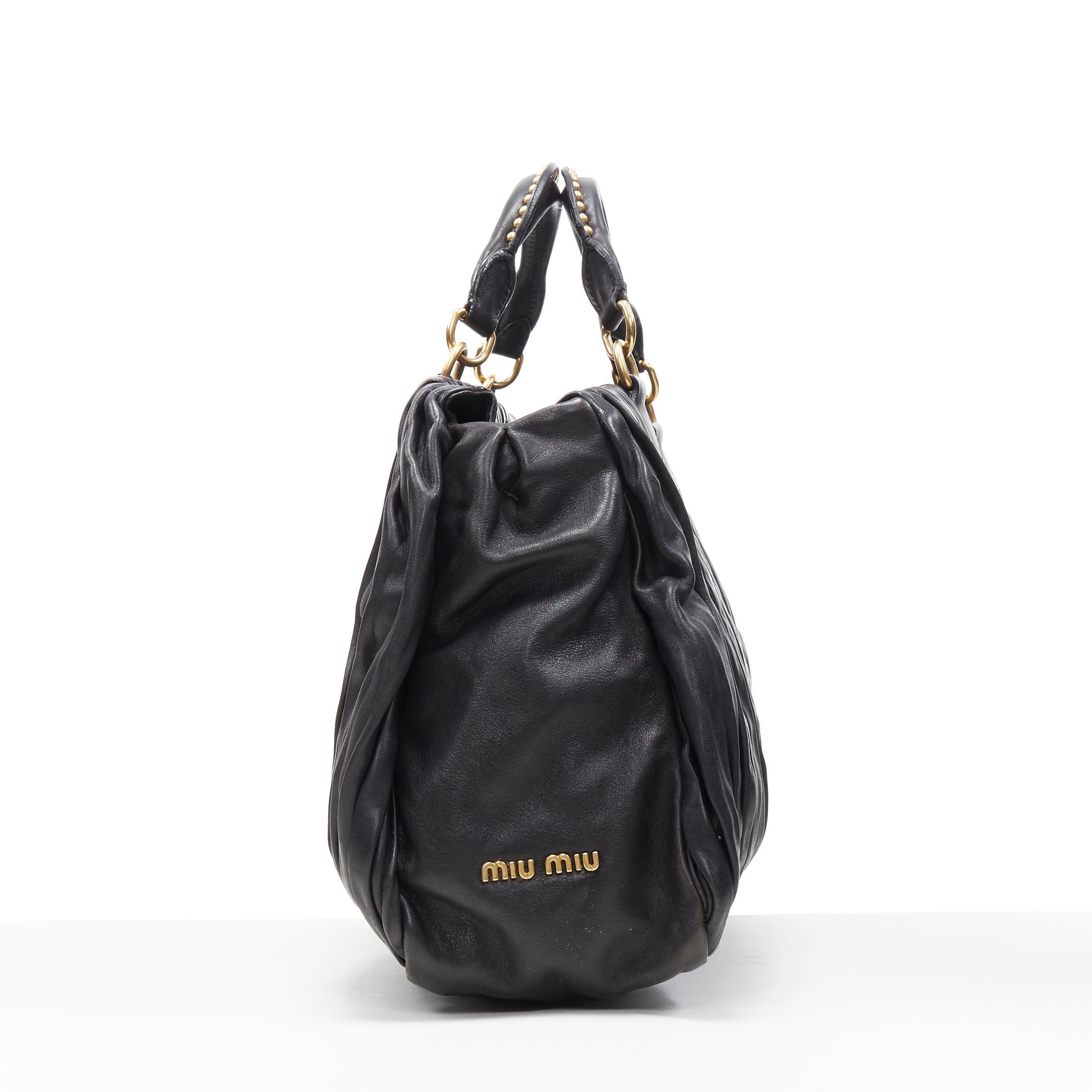 MIU MIU black pleated leather gold studded handle top zip shoulder strap bag In Fair Condition In Hong Kong, NT
