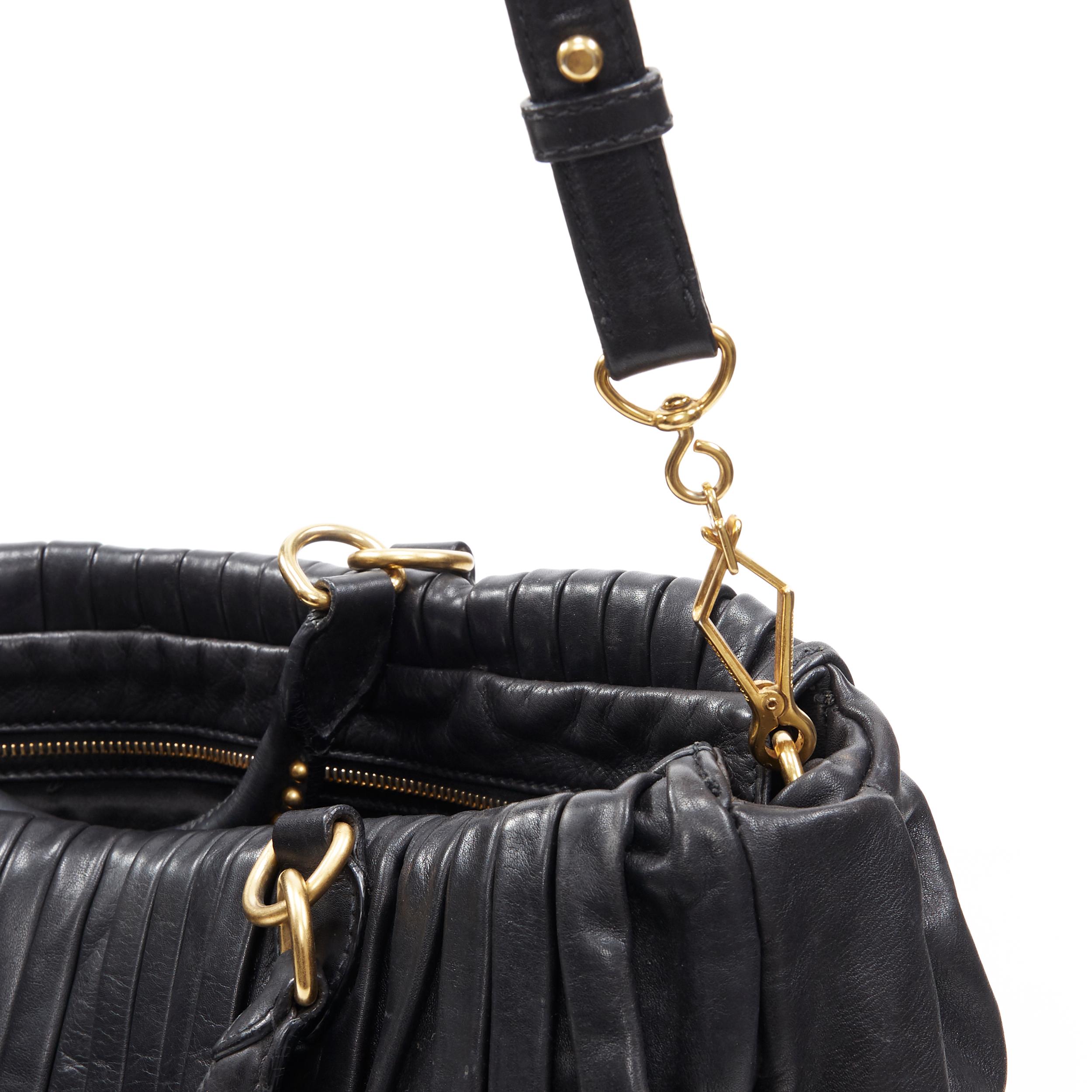 MIU MIU black pleated leather gold studded handle top zip shoulder strap bag 3