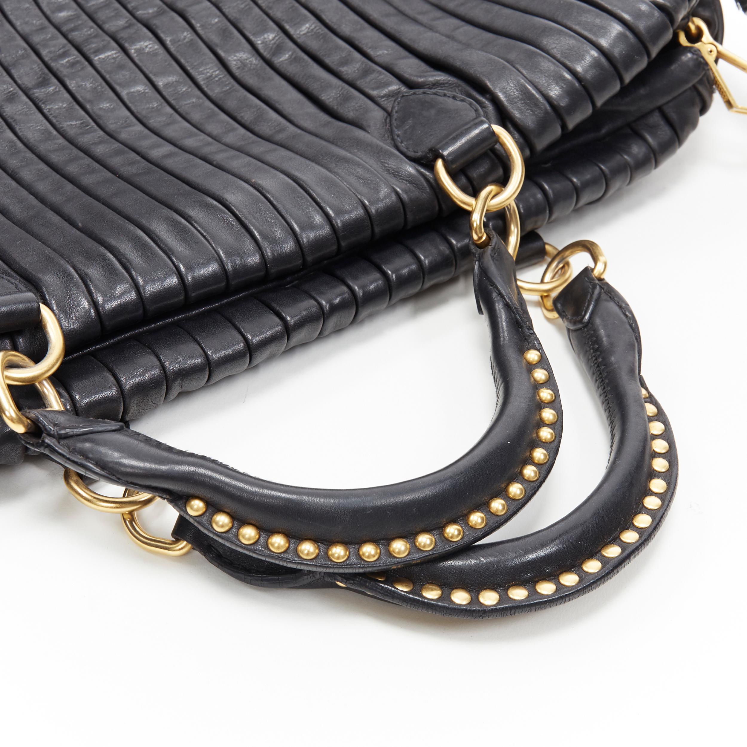 MIU MIU black pleated leather gold studded handle top zip shoulder strap bag 4