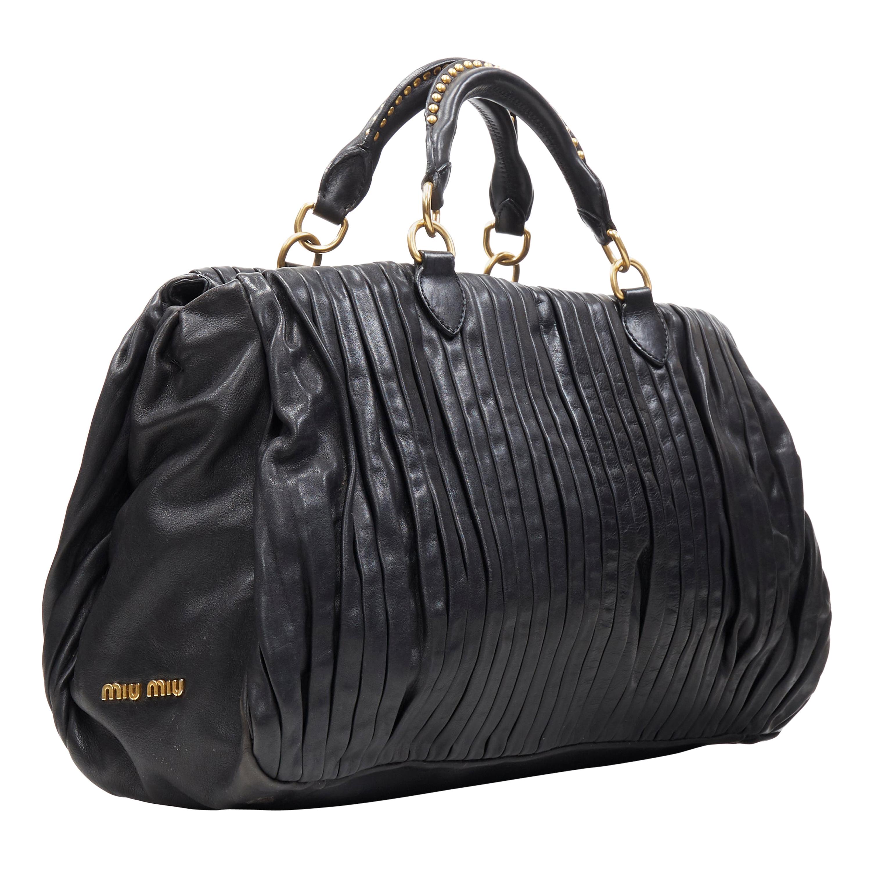 MIU MIU black pleated leather gold studded handle top zip shoulder strap bag