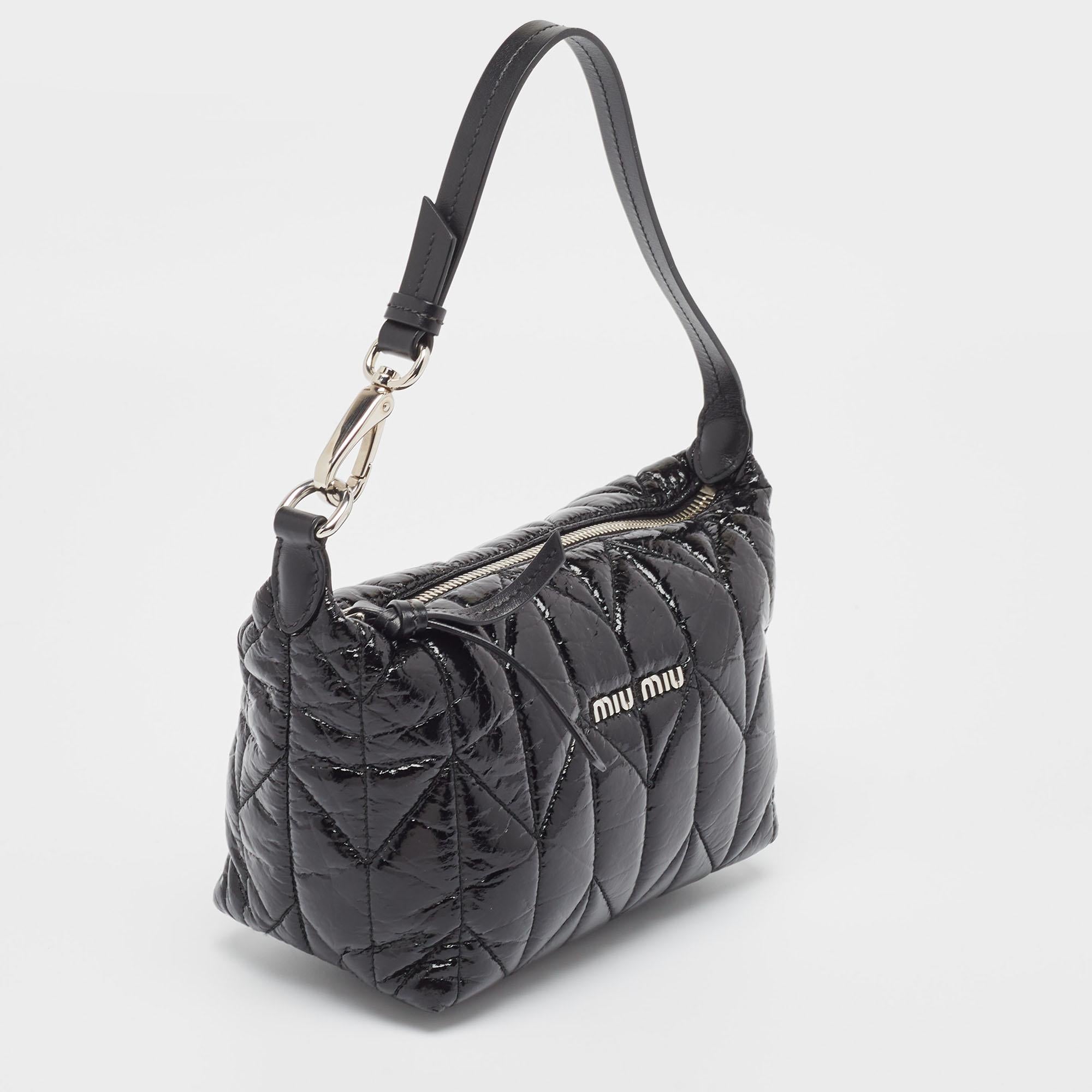 Women's Miu Miu Black Quilted Patent Leather Mini Spirit Hobo For Sale