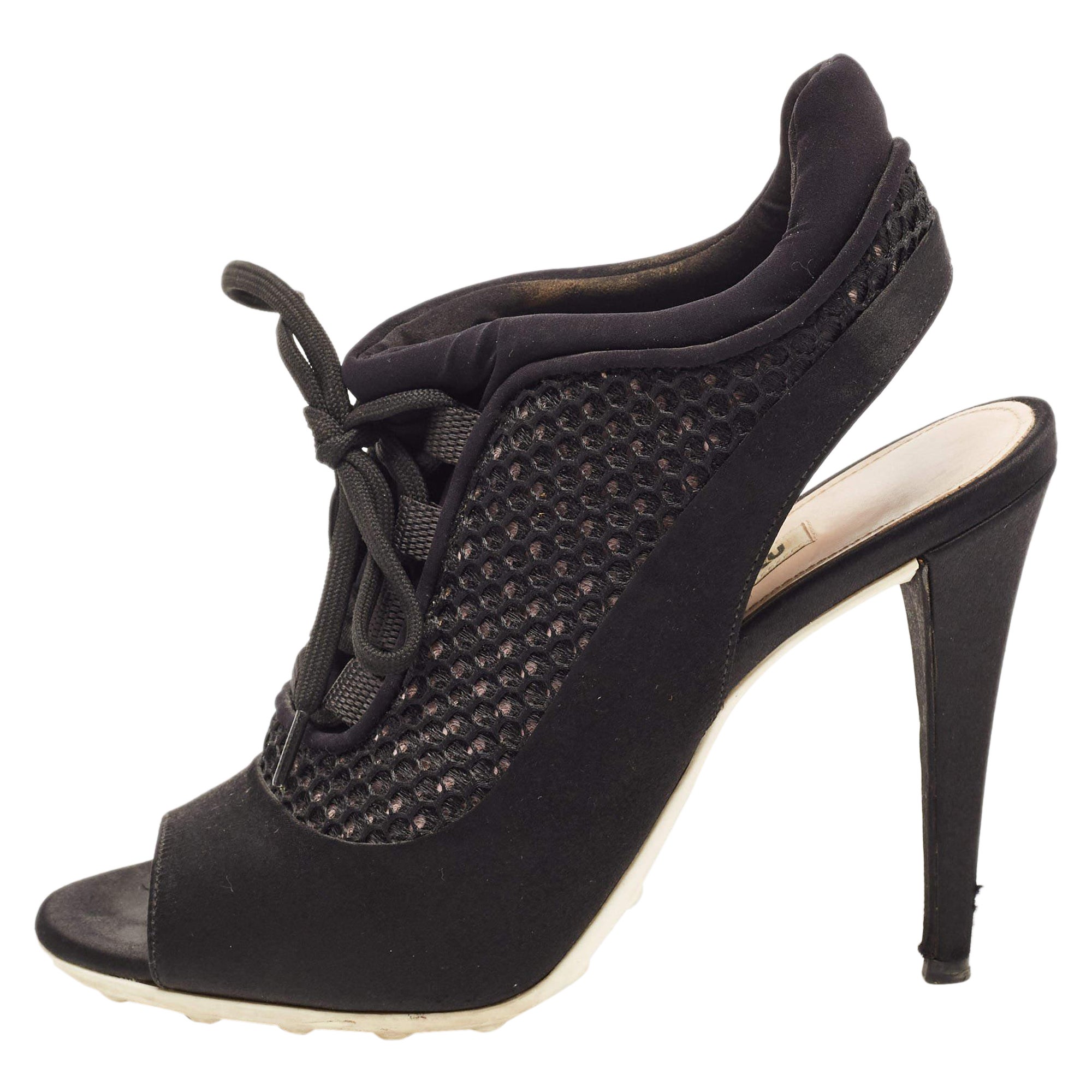 Miu Miu Black Satin and Mesh Open Toe Lace Up Slingback Booties Size 37