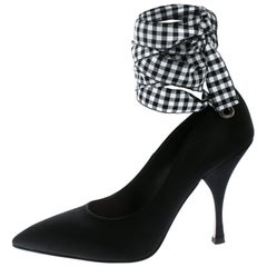 Miu Miu Black Satin Ankle Wrap Pointed Toe Pumps Size 36.5