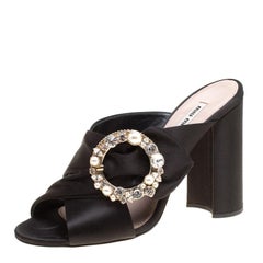 Miu Miu Black Satin Crystal and Faux Pearl Embellished Brooch Peep Toe Mules Siz