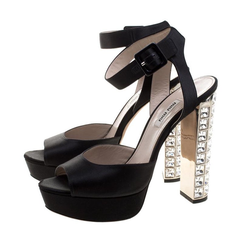 Miu Miu Black Satin Crystal Embellished Block Heel Ankle Strap Sandals ...