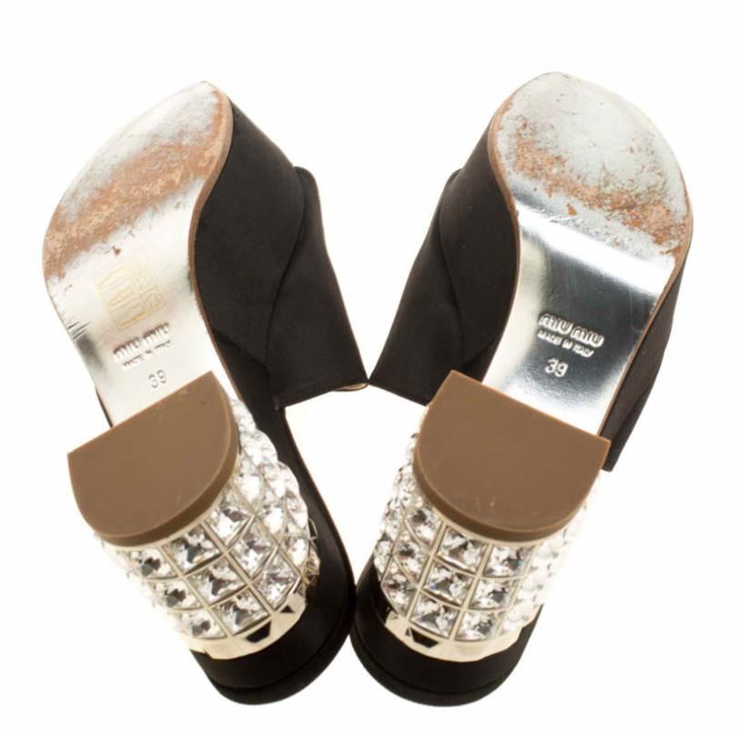 Women's Miu Miu Black Satin Crystal Embellished Block Heel Slide Sandals Size 39